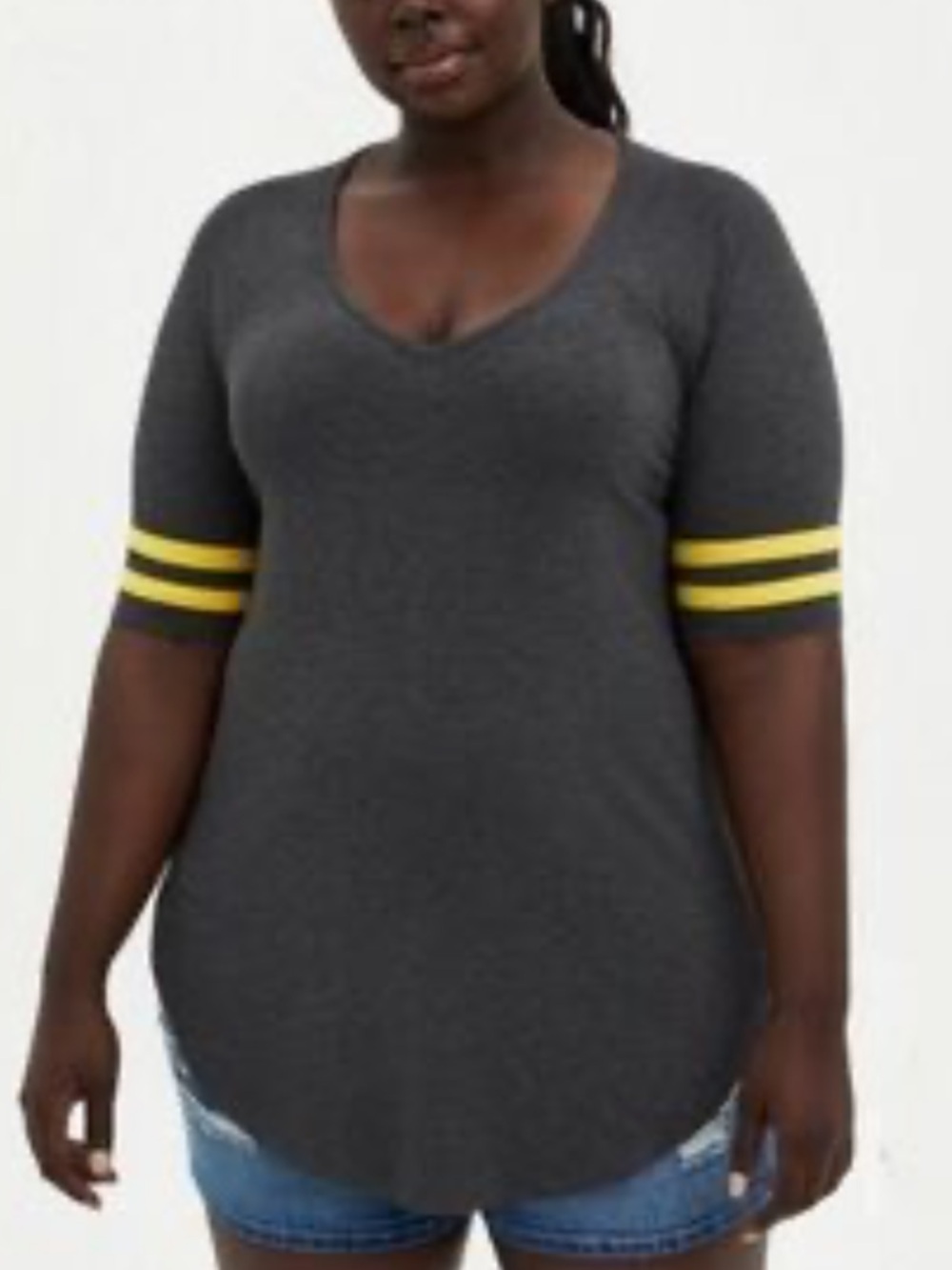 Torrid Super Soft V Neck Athletic Tee Ringer with Round Hem Gray/Yellow -Size 1